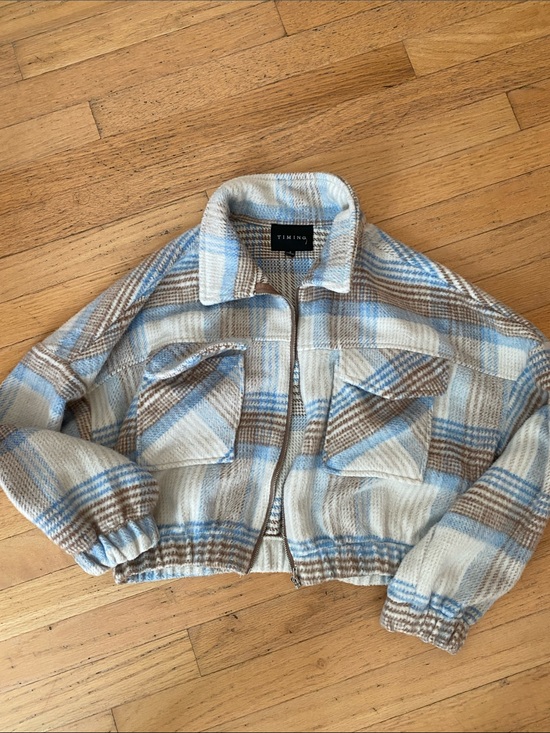 Timing Jackets & Blazers - TIMING Plaid Cropped Zip Jacket - Blue & Brown & Cream